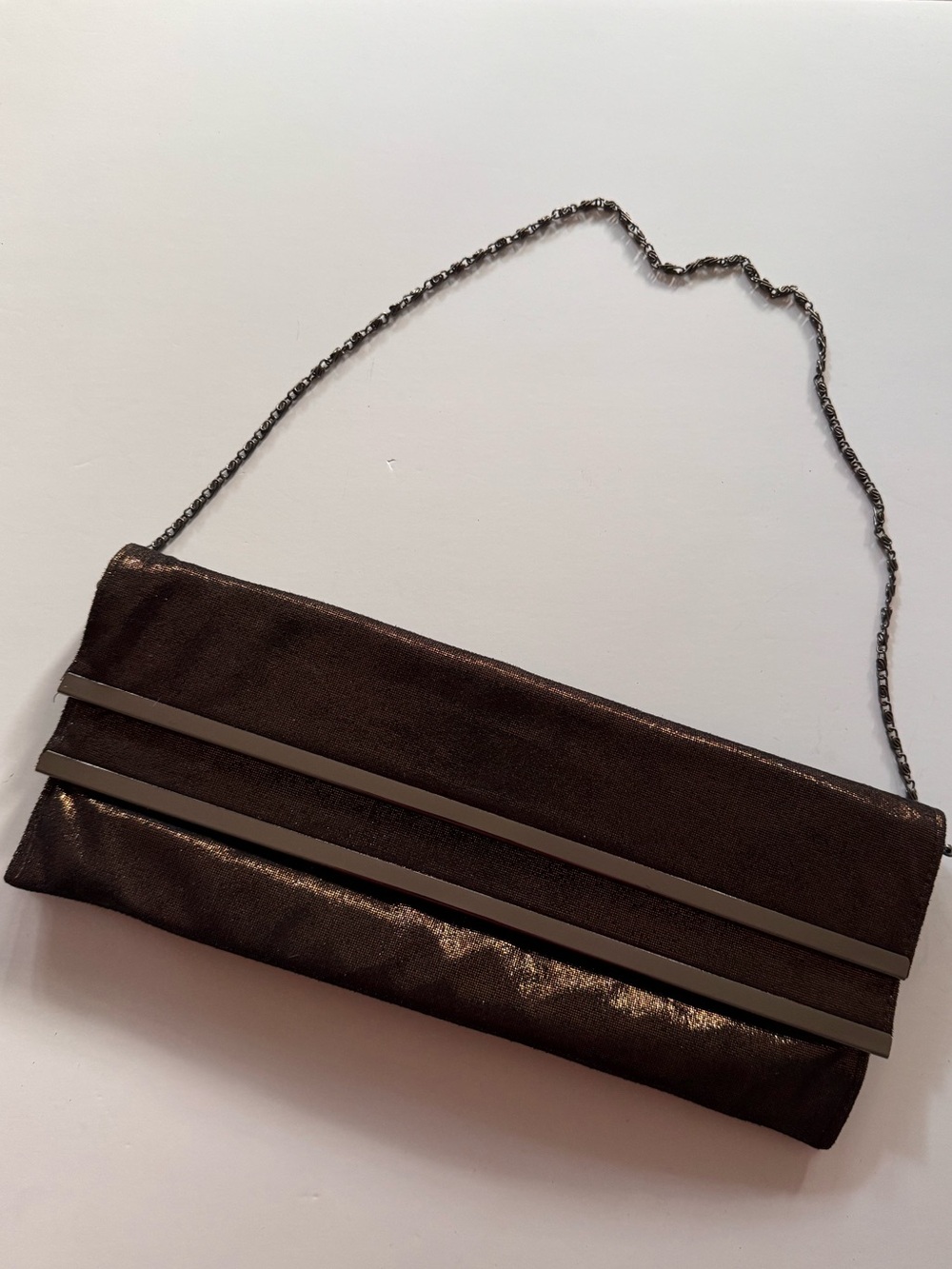 Pegabo Bronze Brown Metallic Evening Clutch Double Opening Chain Strap